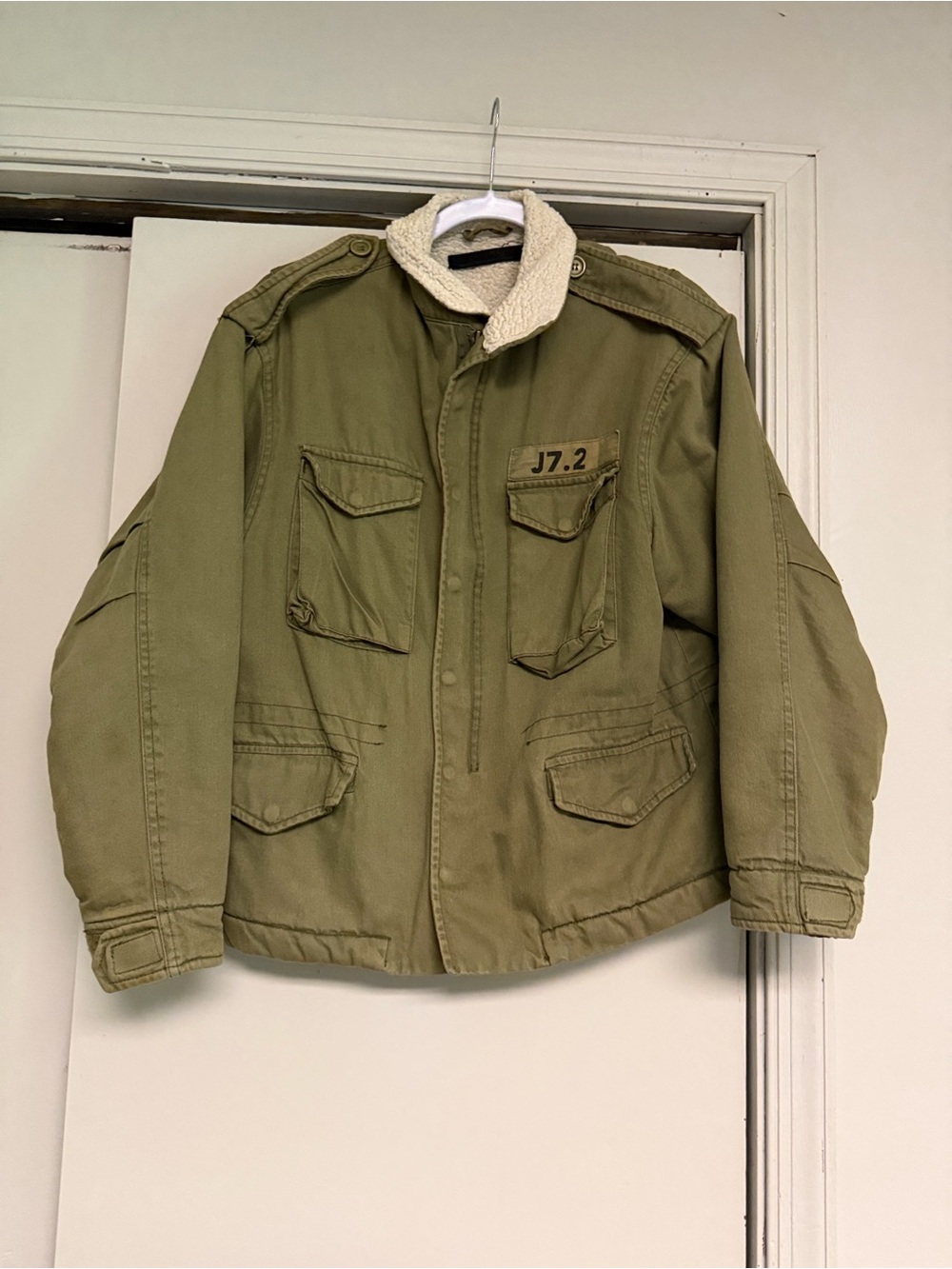 Men's Military Field Jacket with Sherpa Collar - Olive Green
